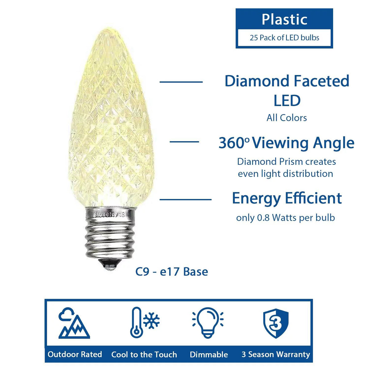 25 Pack C9 LED Faceted Dimmable Outdoor Christmas Replacement Bulbs, Red U88288