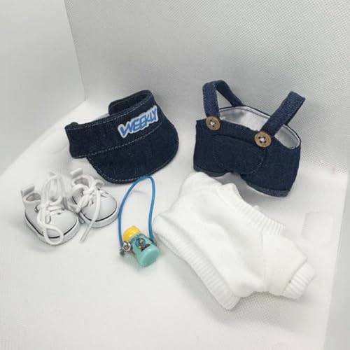 17cm Doll 4-Piece Clothes Set Denim Overall Sun Hat T-Shirt Knitted Flower Brooch P18695
