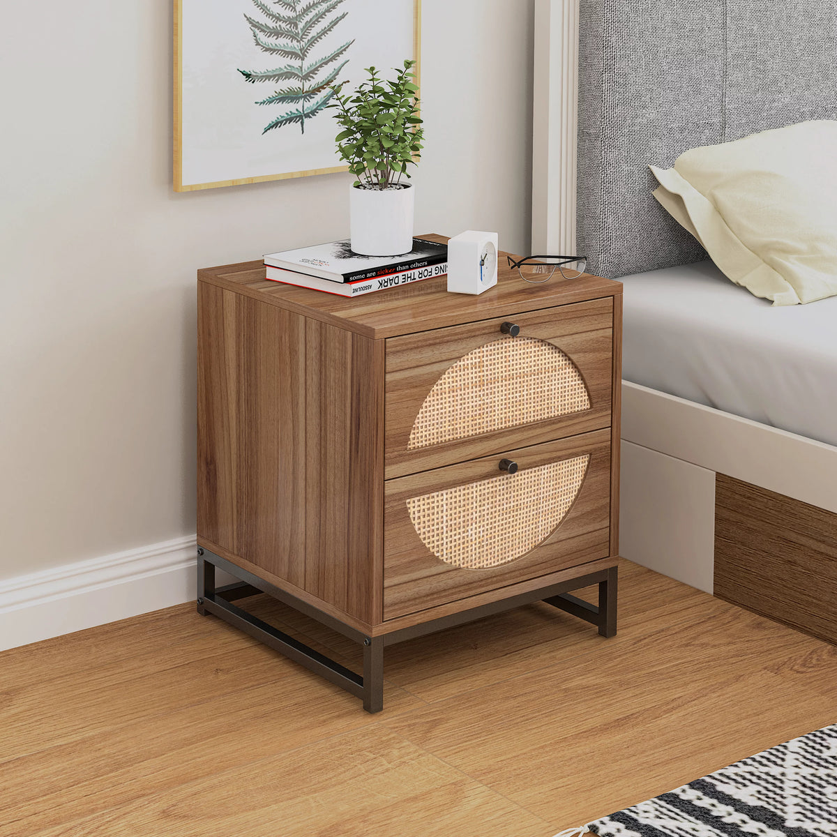 2 Hand Made Rattan Decorated Drawers Nightstand E656039