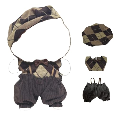 17cm Doll 4-Piece Clothes Set Denim Overall Sun Hat T-Shirt Knitted Flower Brooch P18695