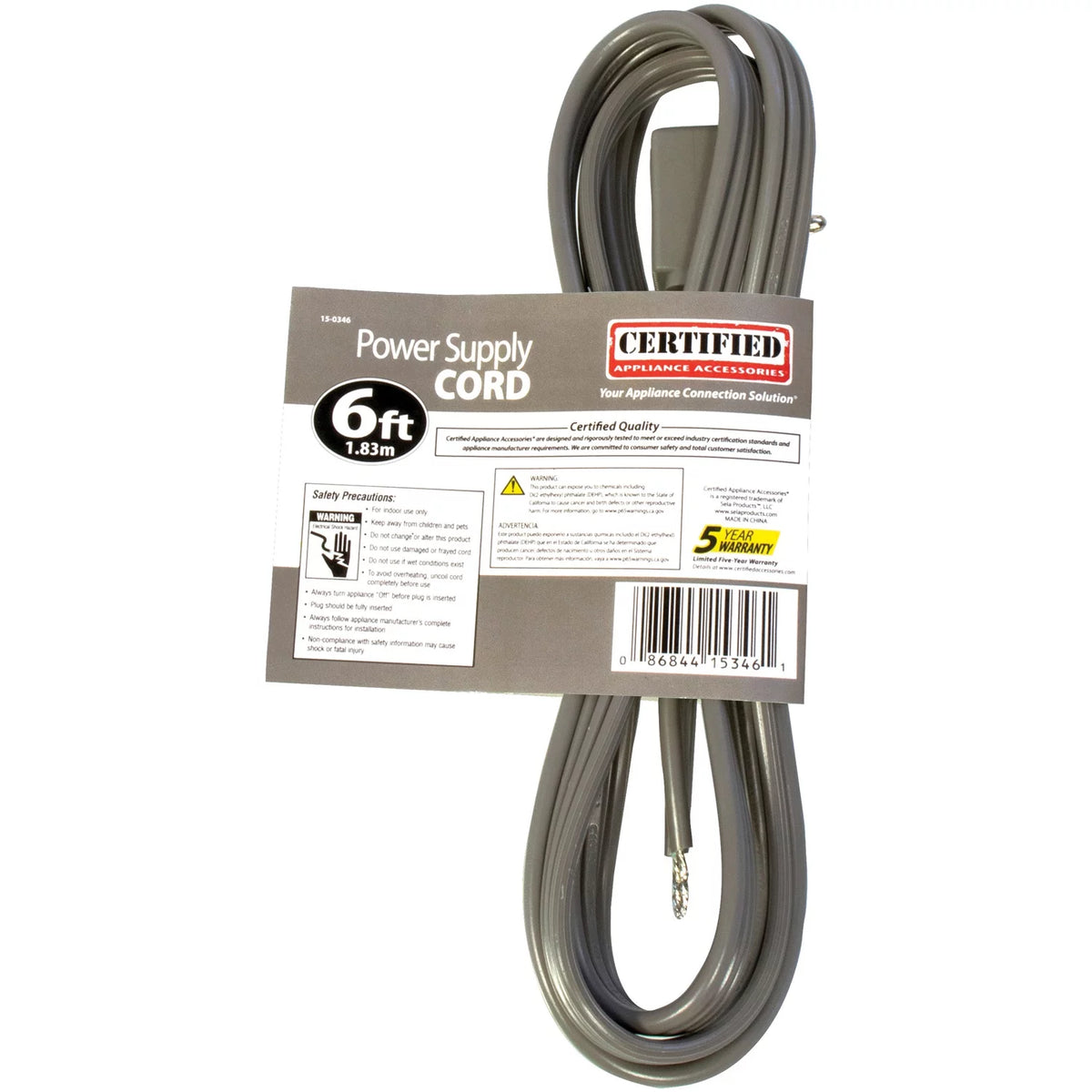 15-Amp 90deg-Angle Plug Head Power Supply Cord, 6ft U7315