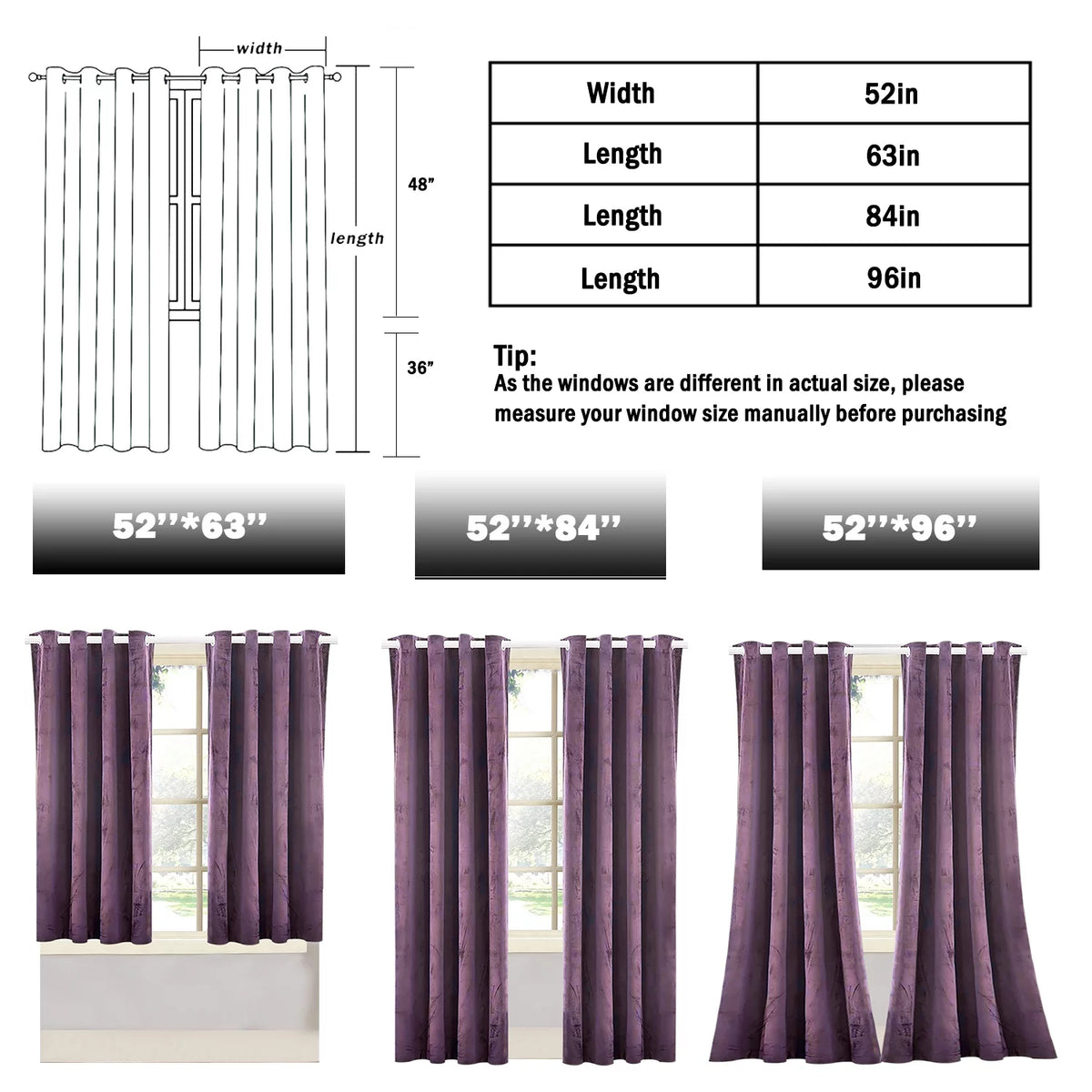 2 Panels Purple Velvet Light Blocking Curtains 52x84 inch S713674