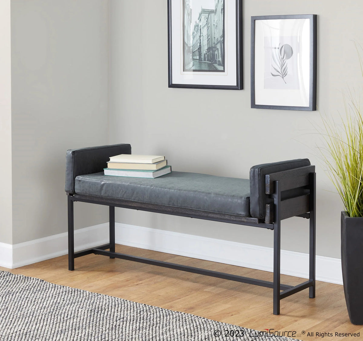 18" Farmhouse Bench with Black Metal and Grey Wood F99279