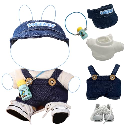 17cm Doll 4-Piece Clothes Set Denim Overall Sun Hat T-Shirt Knitted Flower Brooch P18695